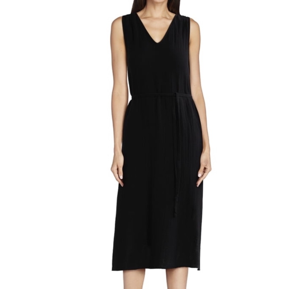 Time & Tru Sleeveless V-Neck Black Cotton Midi Dress with Tie Waist Sz Large NWT